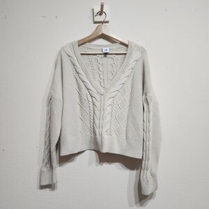 CAbi Cream V-Neck Crop Cable Knit Sweater Large